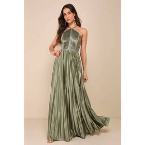 Lulus Elaborate Charm Olive Green Satin Pleated Backless Maxi Dress - Size L
